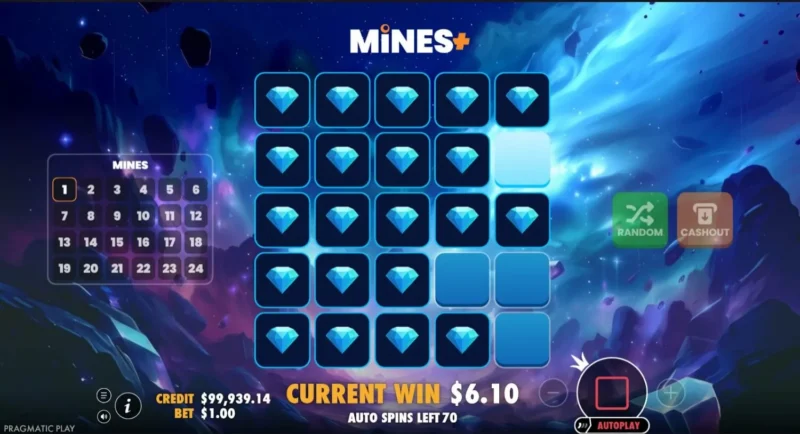 Partida de Mines+ con el selector de minas, la cuadrícula 5×5 y los botones Random y Cash Out.
